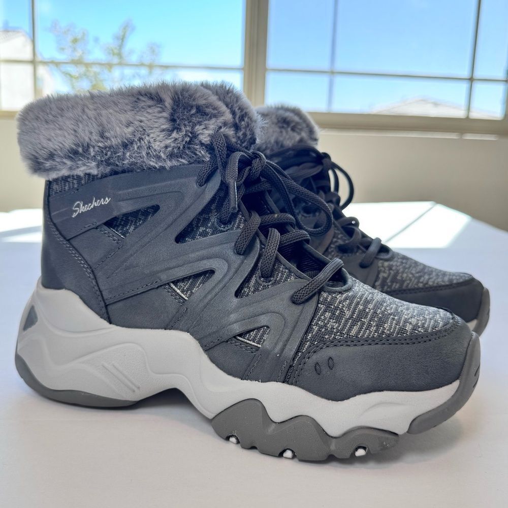 Skechers Women's Gray D'Lites 3 Space Day Fur-Trim Winter Boots Size 7